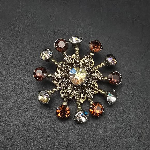 Brown Aurora Borealis Rhinestone Brooch Starburst Pinwheel Vintage - Picture 1 of 5